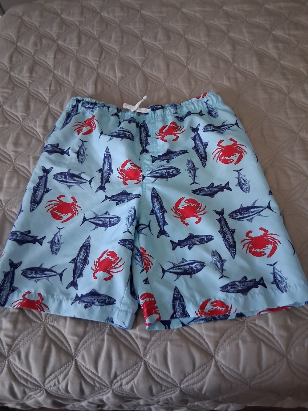 Boys J. Khaki Blue Fish Crab Swim Trunks | Kids Beach Shorts size M
